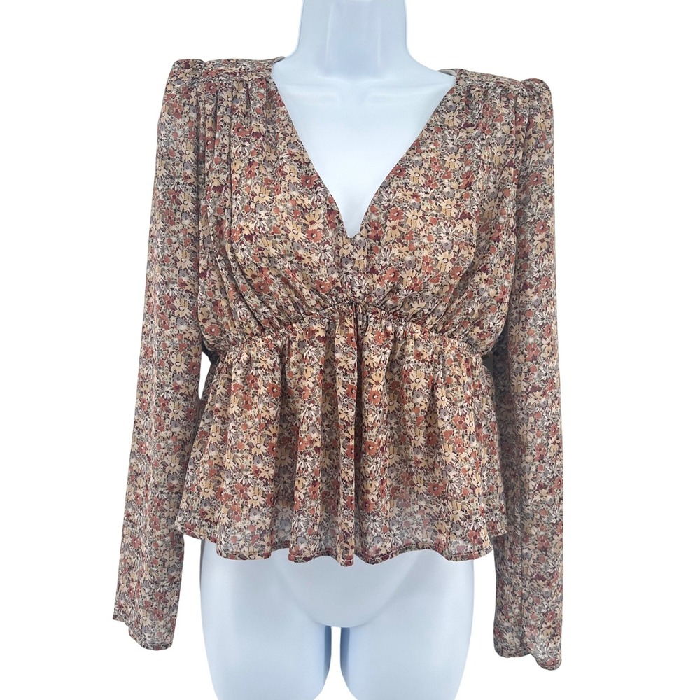 Entro Peplum Top Boho Cottage Earthy Women M Floral V-Neck Long Sleeve